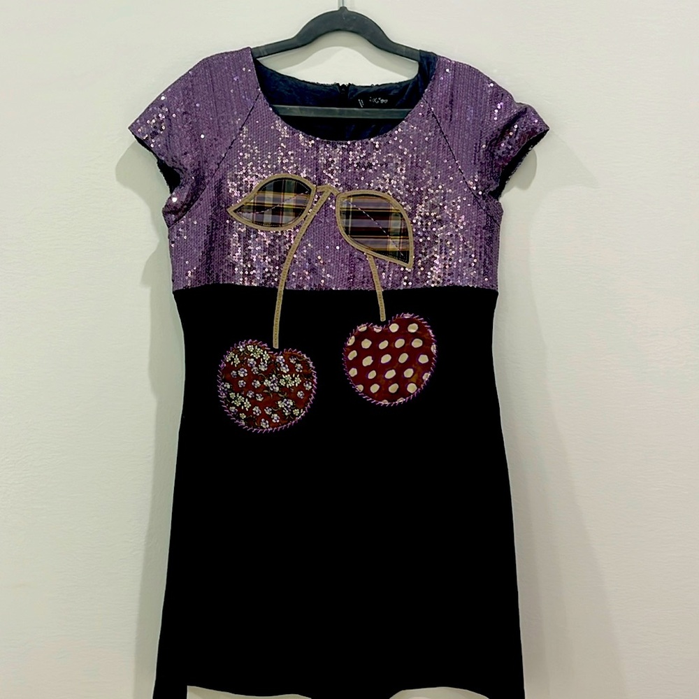 MonnaLisa Purple Cap Sleeve Sheath Dress with Cherry Graphic